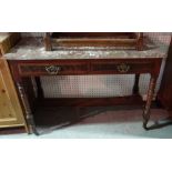An Edwardian walnut marble top two drawer side table, formerly a wash stand, 120cm wide.