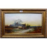 M** K** (early 20th century), Cottage at sunset, oil on canvas, signed with initials, 24.5cm x 45cm.