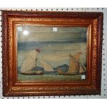 A late Victorian picture of two fishing boats, 36 wide x 25cm high and a Berlin woodwork picture,