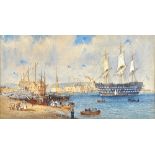 English School (19th century), A dockside scene with man o' war, watercolour, unframed,