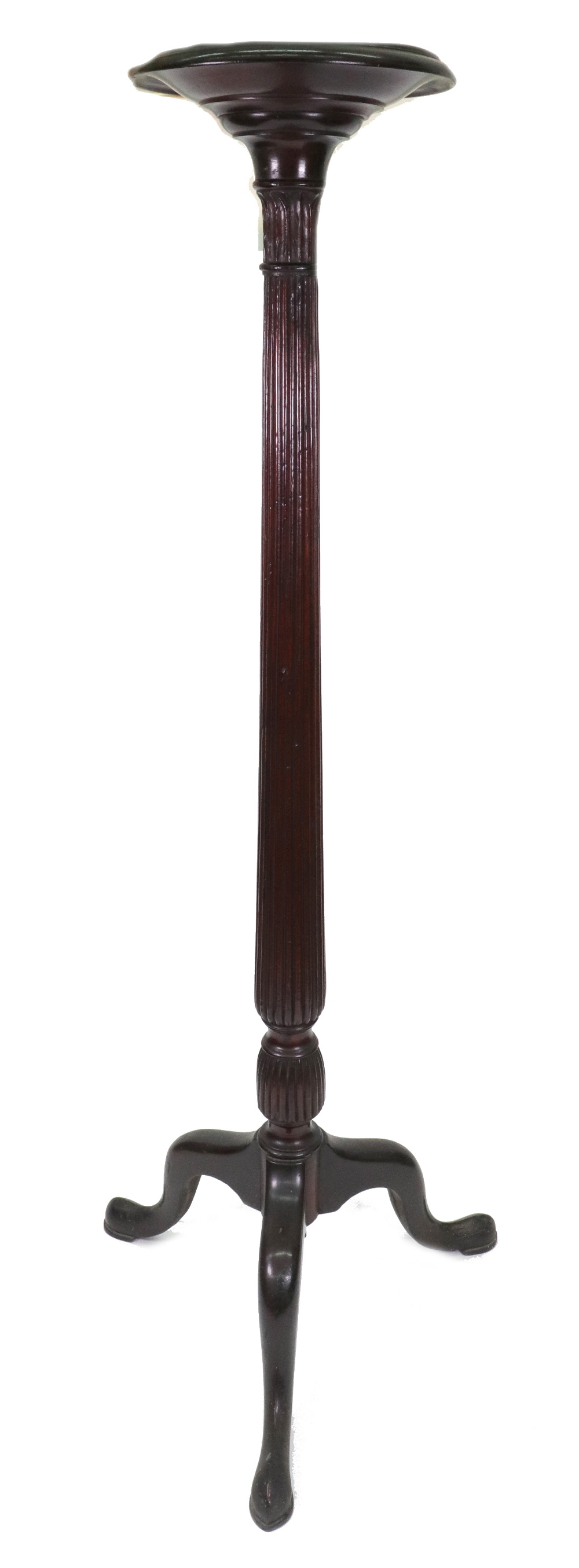 A reproduction Hepplewhite style mahogany torchere, circa 1900, the dished circular top on a turned,