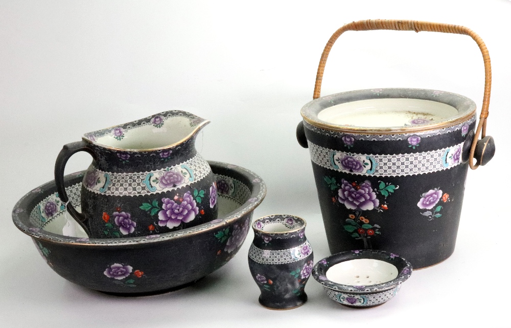 A Cetem ware 'Hong Kong' pattern five piece toilet set, a Bristol ware three piece toilet set,