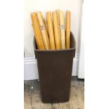 A collection of cricket bats and stumps including Frank Bryan and Gunn & Moore bats,