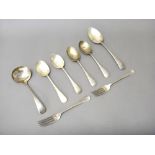 Silver Old English table flatware, comprising; four dessert spoons, two dessert forks,