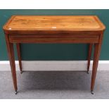 A George III satinwood banded rosewood D shape card table on tapering square supports,