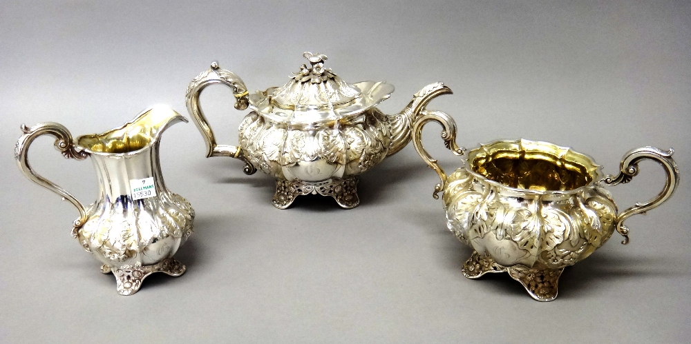 A 19th century closely matched three piece silver tea set, comprising; a teapot, London 1832, - Image 8 of 8