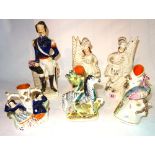 Ceramics, comprising; a group of six Victorian Staffordshire flatback figures, including Zebra,