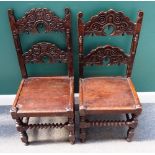 Two similar sets of four Charles II style oak dining chairs,