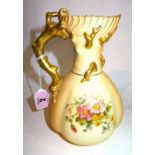 A Royal Worcester jug, floral painted on a parcel gilt ivory ground, 19cm high.