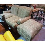 A 20th century two seater sofa, on oak turned supports, 165cm wide, with a matching footstool, (2).