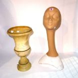 A 20th century alabaster urn shaped table lamp 43cm high and a 20th century stylized mannequin head,