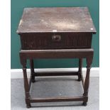 An 18th century and later oak slope top bible box on stand, 68cm wide x 96cm high x 50cm deep.