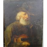 Continental School (19th century), An old man with a violin, oil on canvas, unframed, 79cm x 64cm.