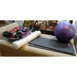 A pilates exercise machine and two exercise mats and equipment, (qty).