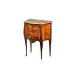 A Louis XV ormolu mounted marquetry inlaid kingwood and tulipwood petite commode,