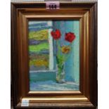 David Sinclair (20th century), Tulips by the window, oil on board, signed, 18cm x 12.5cm.