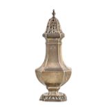 A silver sugar caster of tapered angular baluster form, having a decorated rim,