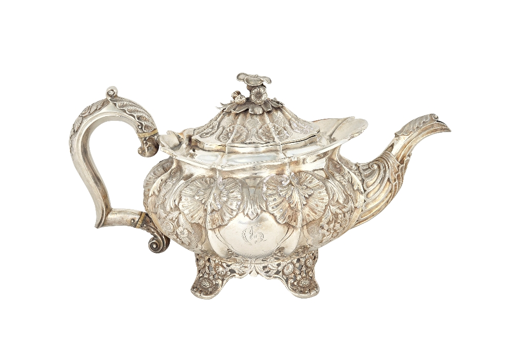 A 19th century closely matched three piece silver tea set, comprising; a teapot, London 1832,