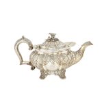 A 19th century closely matched three piece silver tea set, comprising; a teapot, London 1832,