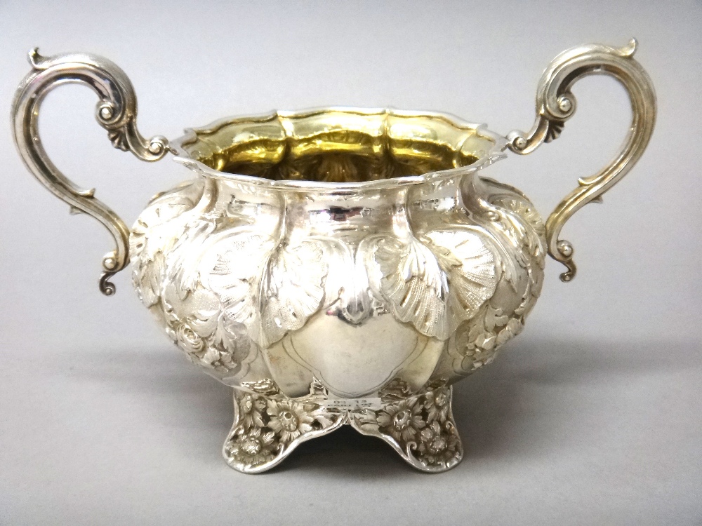 A 19th century closely matched three piece silver tea set, comprising; a teapot, London 1832, - Image 6 of 8