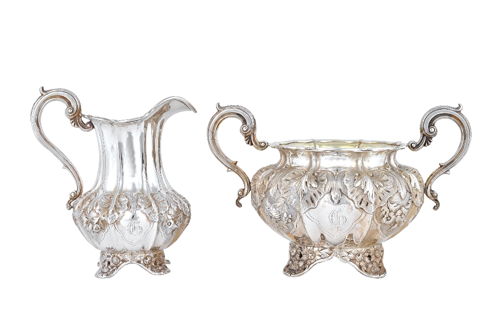 A 19th century closely matched three piece silver tea set, comprising; a teapot, London 1832, - Image 2 of 8