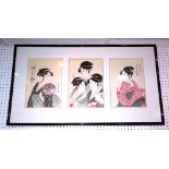 Three Japanese prints of beauties after Utamaro, glazed and framed as one.