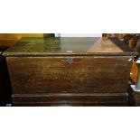 A 20th century stained pine lift top trunk, 70cm wide x 49cm high.