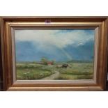 Eileen Quinn (20th century), The Harvesters, oil on board, signed, 29cm x 44cm.