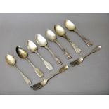 Silver table flatware, comprising; four Victorian King's pattern dessert spoons, Exeter 1846,