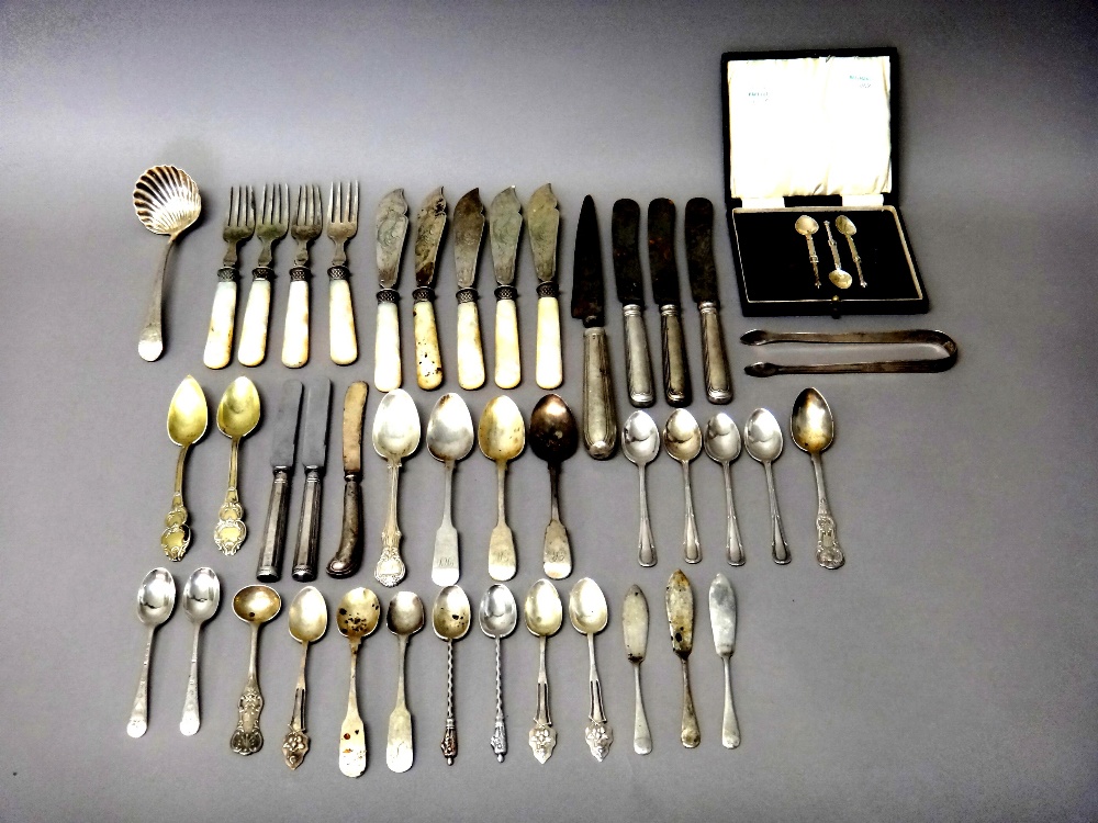 Silver flatware, comprising; an Old English and shell pattern sauce ladle, with engraved decoration,