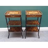 A pair of Victorian marquetry inlaid mahogany and ebonised three tier etageres on splayed supports,