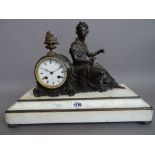 A French figural bronze and white marble mantel clock, 19th century,