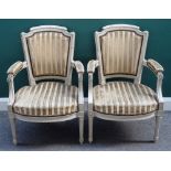 A pair of Louis XVI style grey painted open armchairs on fluted supports, 61cm wide x 89cm high (2).