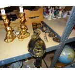 Collectables, including; a quantity of horse brasses and a pair of gilt wood table lamps.