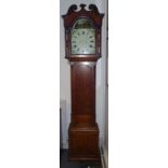 A 19th century 8 day oak long cased clock, with broken arch pediment,