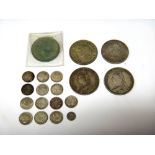 Mostly British coins, comprising; a George III crown 1820, four further crowns, 1887, 1889,