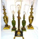 Lighting comprising; 20th century table lamps, a pair of brass urn shaped lamps, 50cm high,