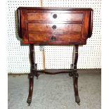 A Victorian rosewood drop flap work table with two drawers on dual supports, 46cm wide x 73cm high.