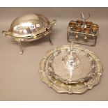 Plated wares, comprising; a twin handled oval lidded breakfast dish, raised on four feet,
