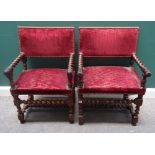 Two similar 19th century French walnut framed square back open armchairs, with barleytwist supports,