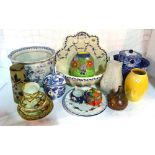 Ceramics, including a blue and white wall font, transfer printed biscuit barrel,