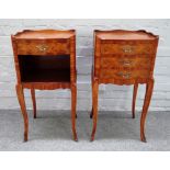 A pair of Louis XV style kingwood bedside tables, one with three serpentine drawers,
