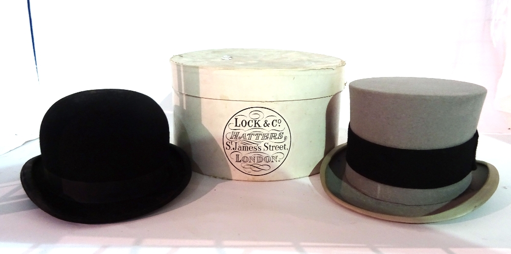 Lock & Co, a felt bowler hat and a grey felt top hat and box, (2).