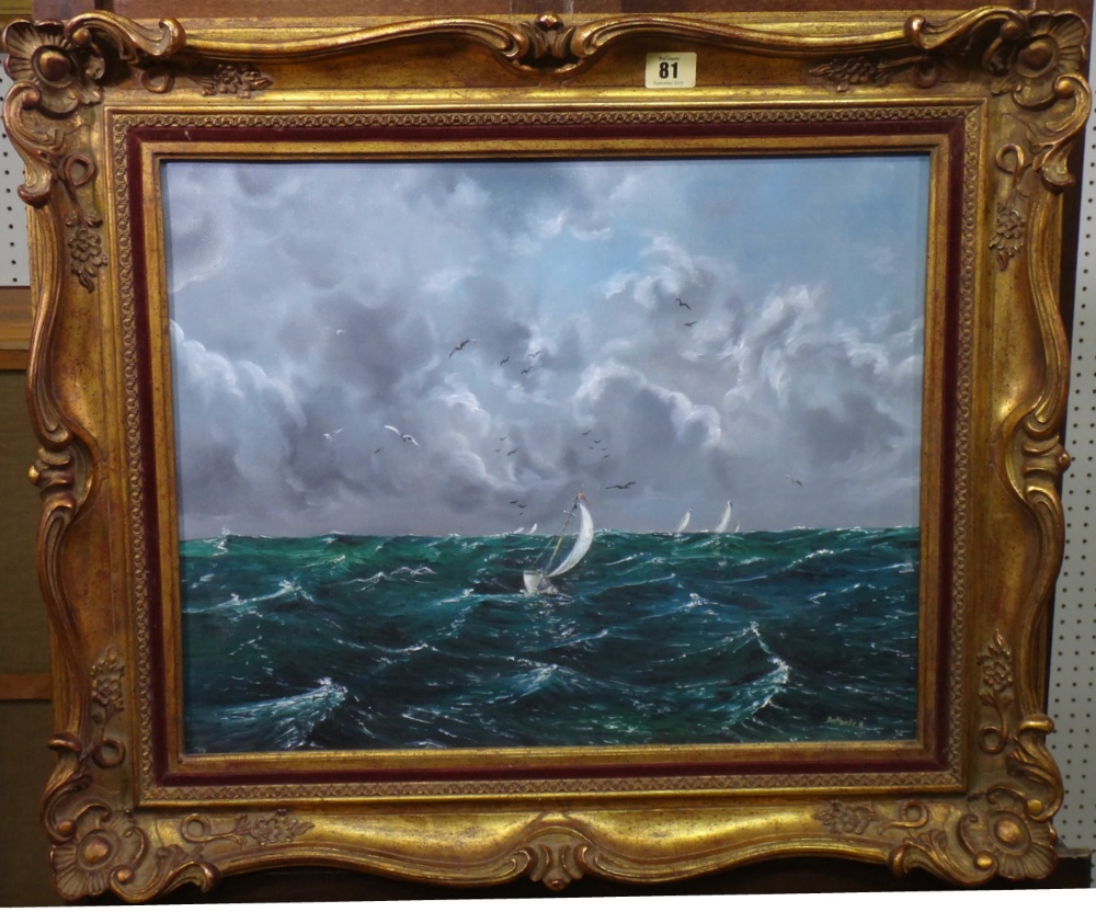 Henri del Tombe (20th century), Sailing boats in heavy seas, oil on canvas, signed, 38cm x 48cm.