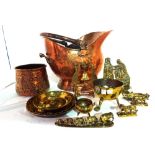 Copper and brass, including; a coal scuttle, trays, bowls, scales and sundry, (qty).