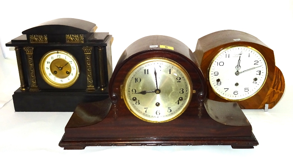 A group of three early 20th century mantel clocks, including an 8 day slate cased example, (3).