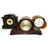 A group of three early 20th century mantel clocks, including an 8 day slate cased example, (3).