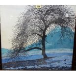 A group of four, including; a colour wood block print of a tree,