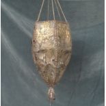 A mid-war French vellum and sheet brass pendant shade, with parrot and floral decoration, 60cm high.