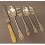 A silver part canteen of table flatware, in a single struck, feather edged pattern,